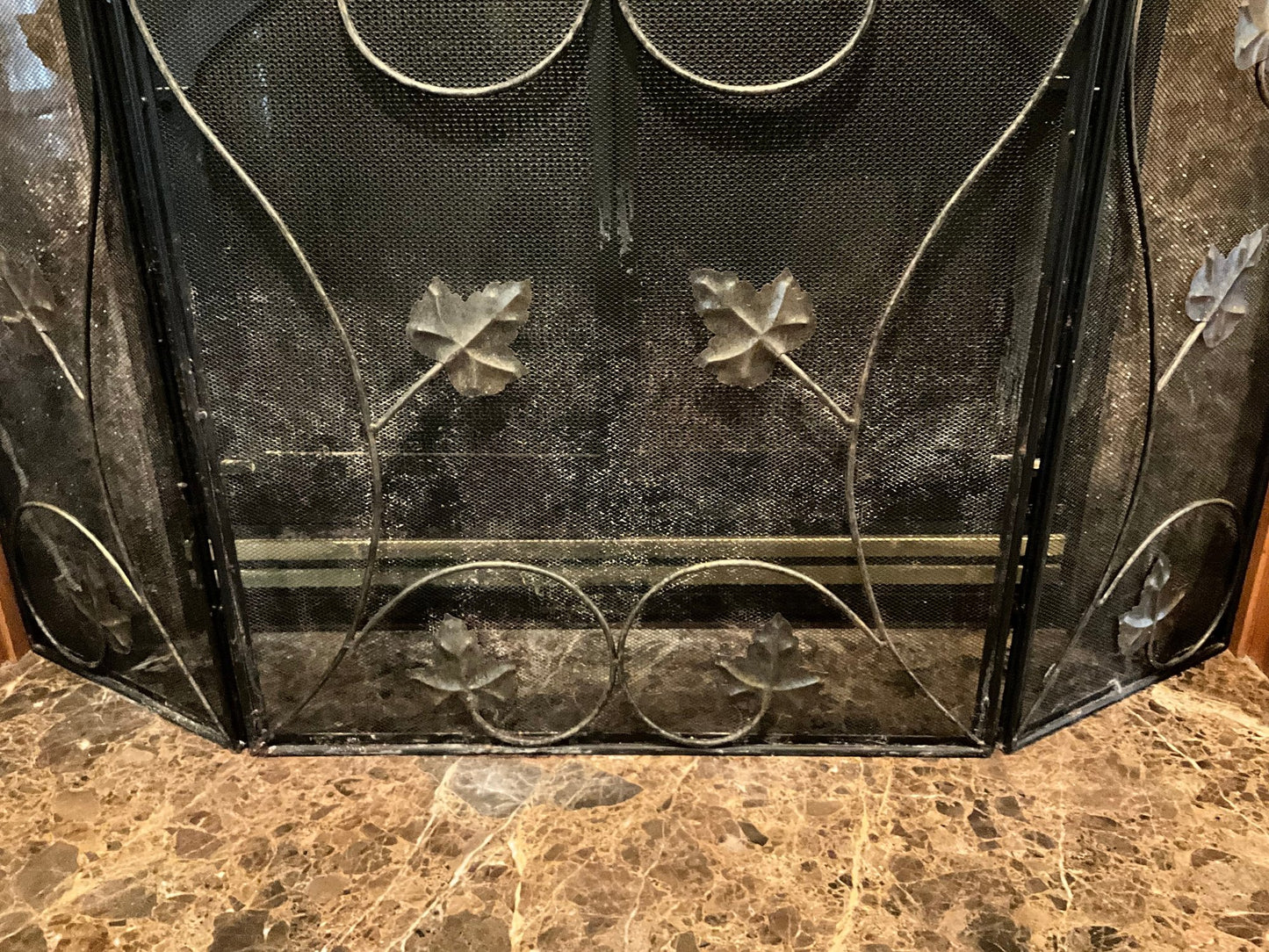 Beautiful Fireplace Screen, Black with Brass Flower Decorations 49"x33"
