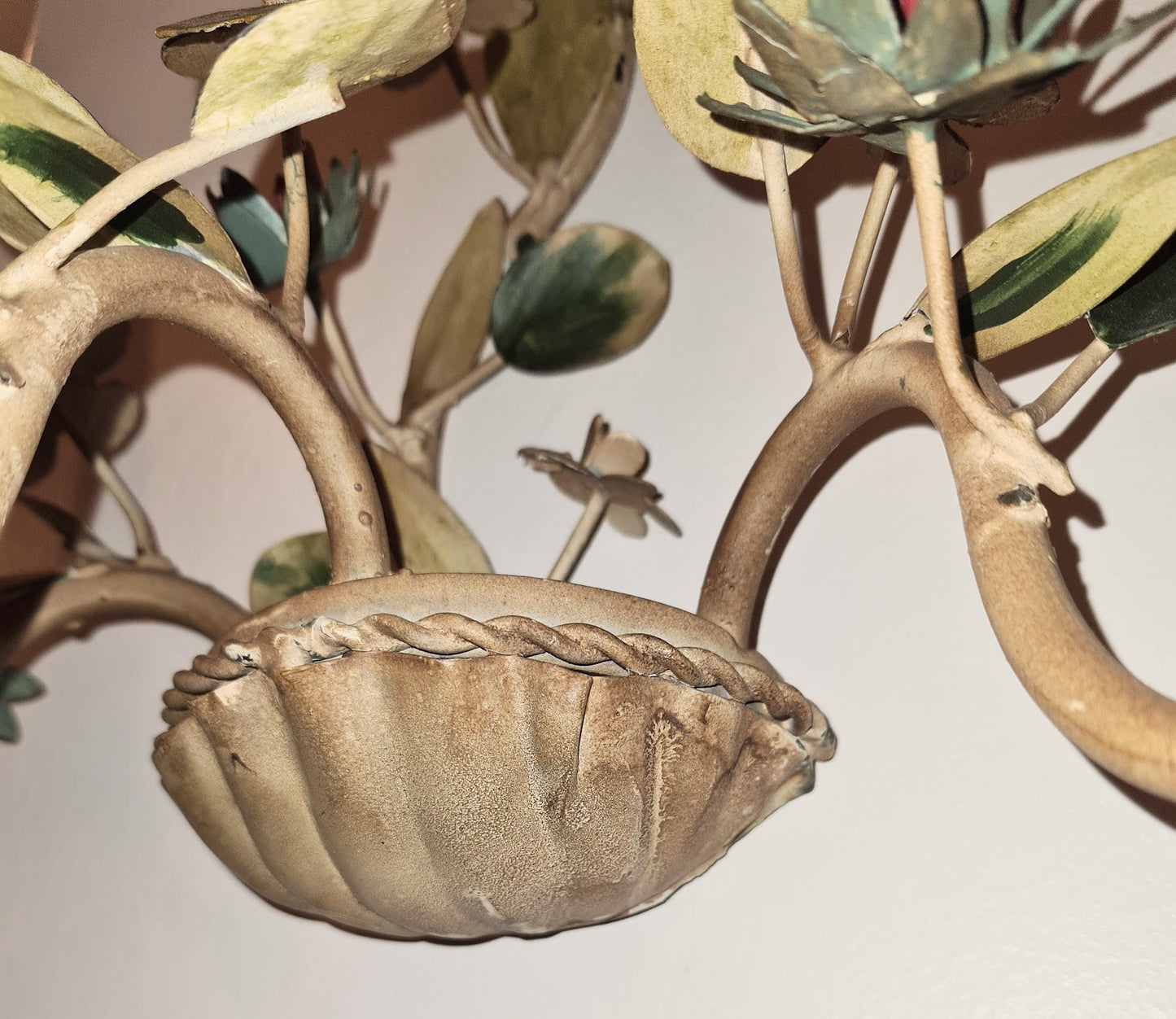 Vintage Italian Tole Painted Flower 3 Candle Wall Sconces