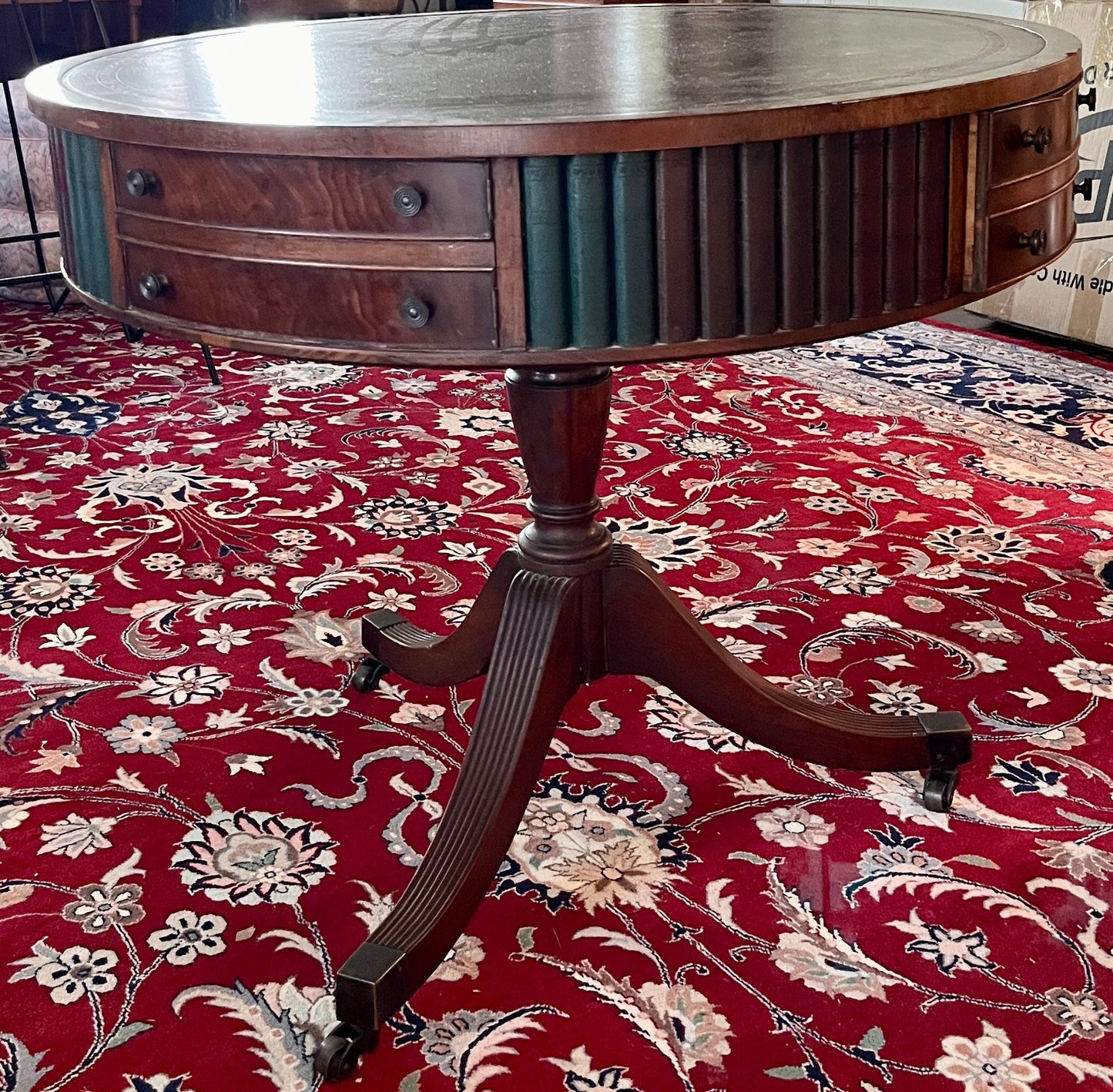 Sheraton Style Revolving Leather Topped Drum Table With Faux Books & Brass Casters