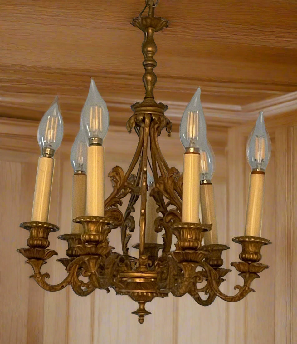 Fabulous Vintage French Brass Chandelier with Six Arms