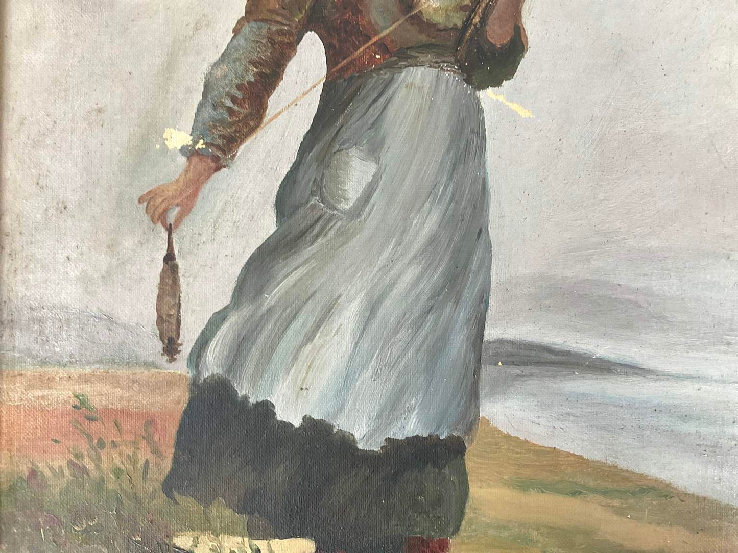 Antique and Rare Acadian Woman Spinning Yarn, Oil on Canvas, c. 1895