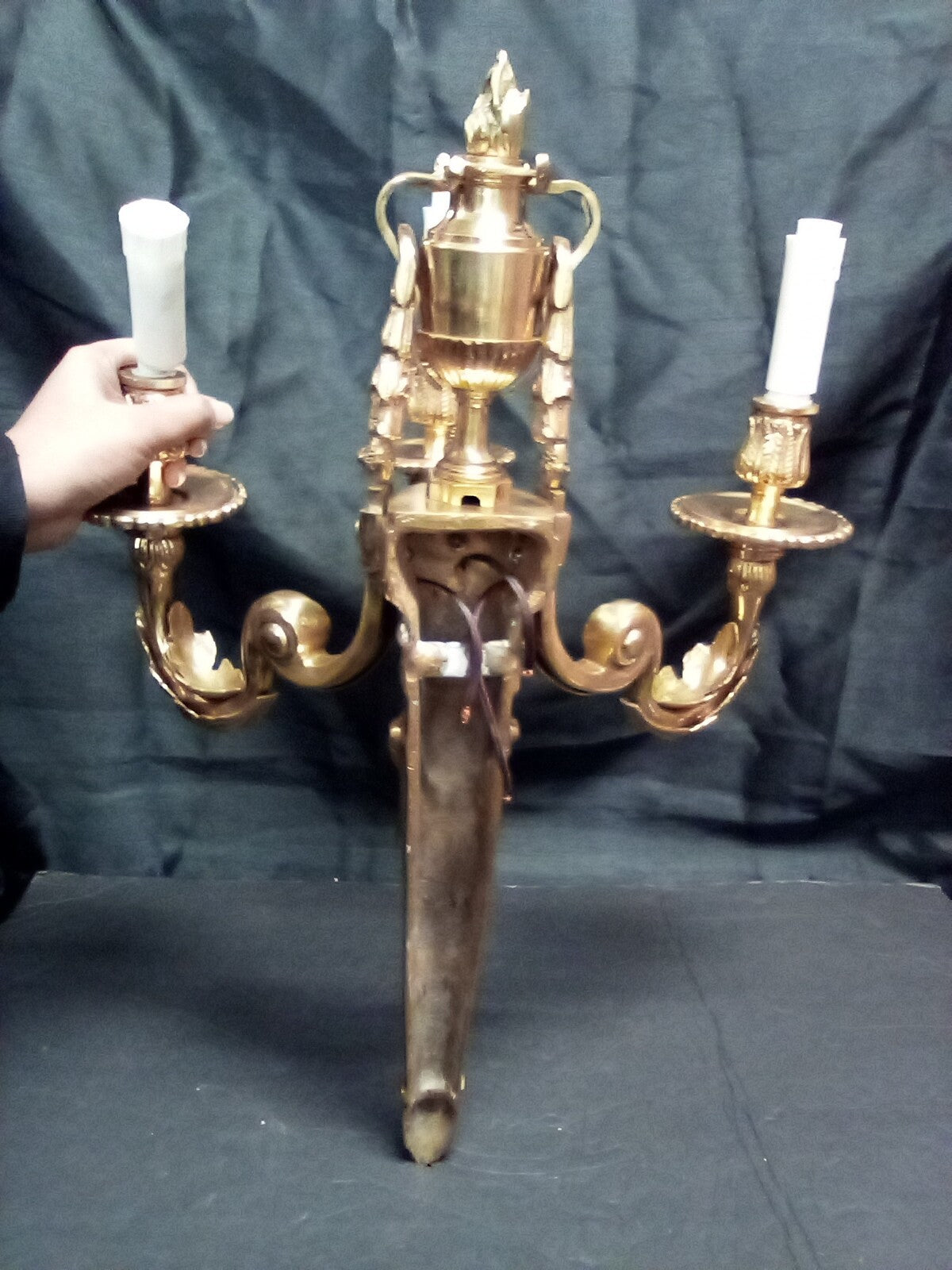 Magnificent Large Brass Ornate Wall Sconce With 3 Fixtures