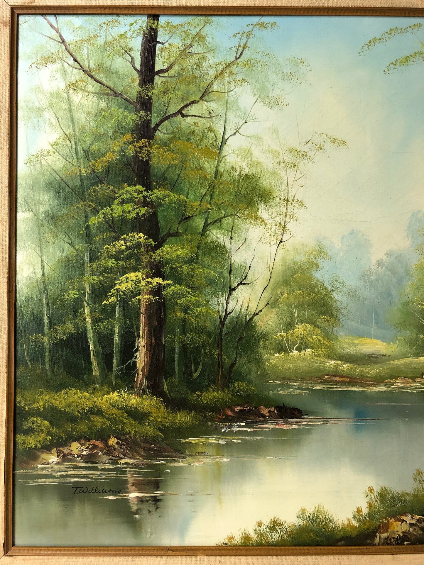 Woodland River Landscape Oil On Canvas Painting, Signed T. Williams