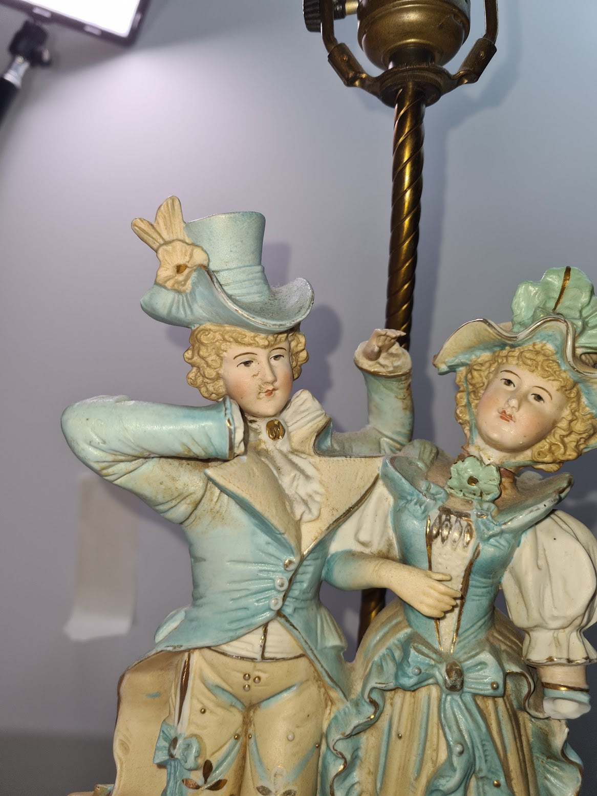 Antique Victorian Porcelain Couple Hand Painted Figural Table Lamp Brass Base