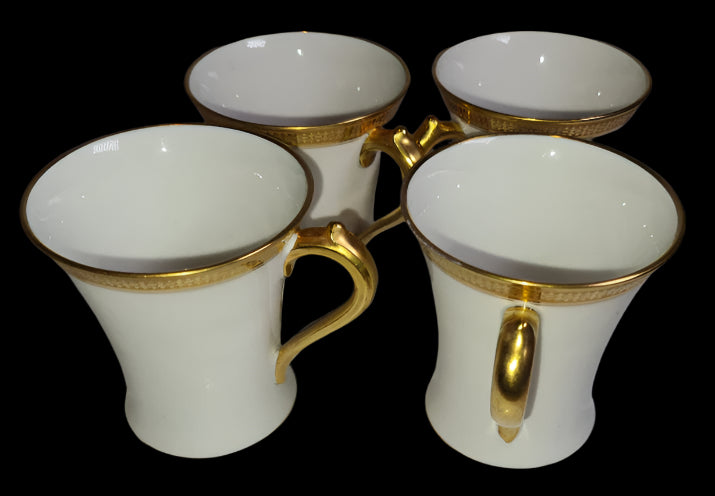 Elegant GDA France - CH Field Haviland Limoges Four Demitasse Cups and Saucers with Gold Trim, c. 1990