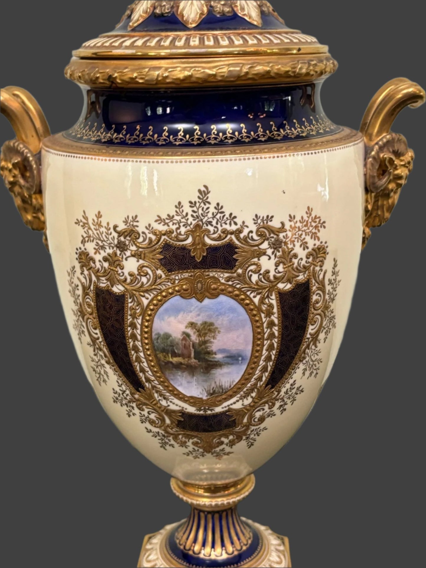Spectacular 19th Century English Coalport Gilt Porcelain Lidded Urn