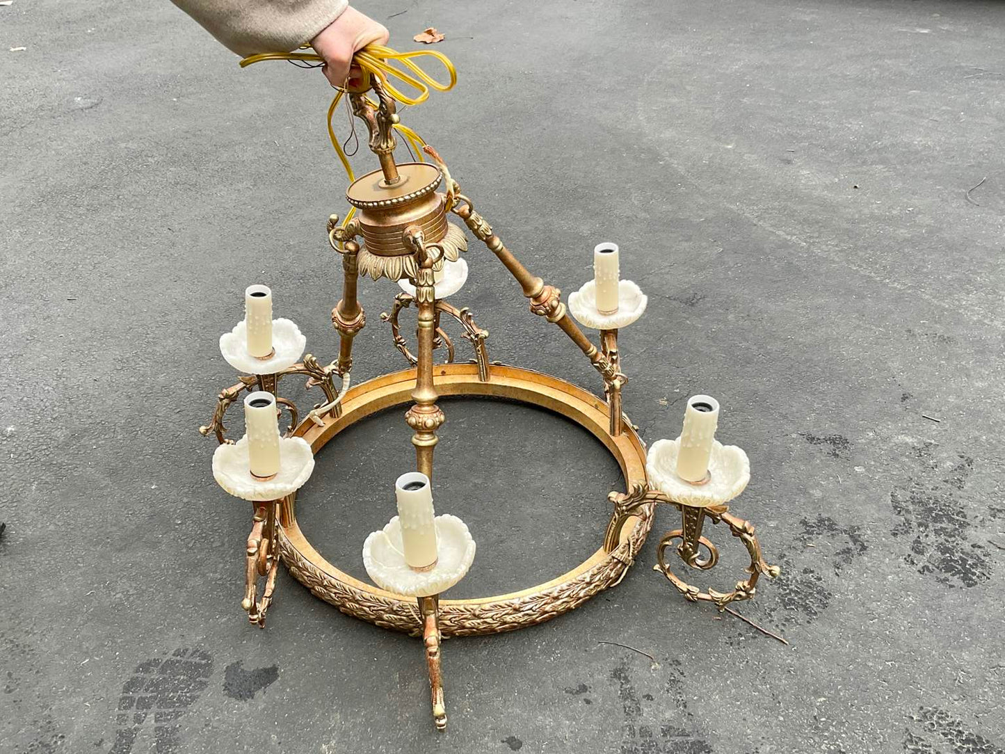 Spectacular Vintage 6 Arm Gilded Metal & Alabaster Chandelier