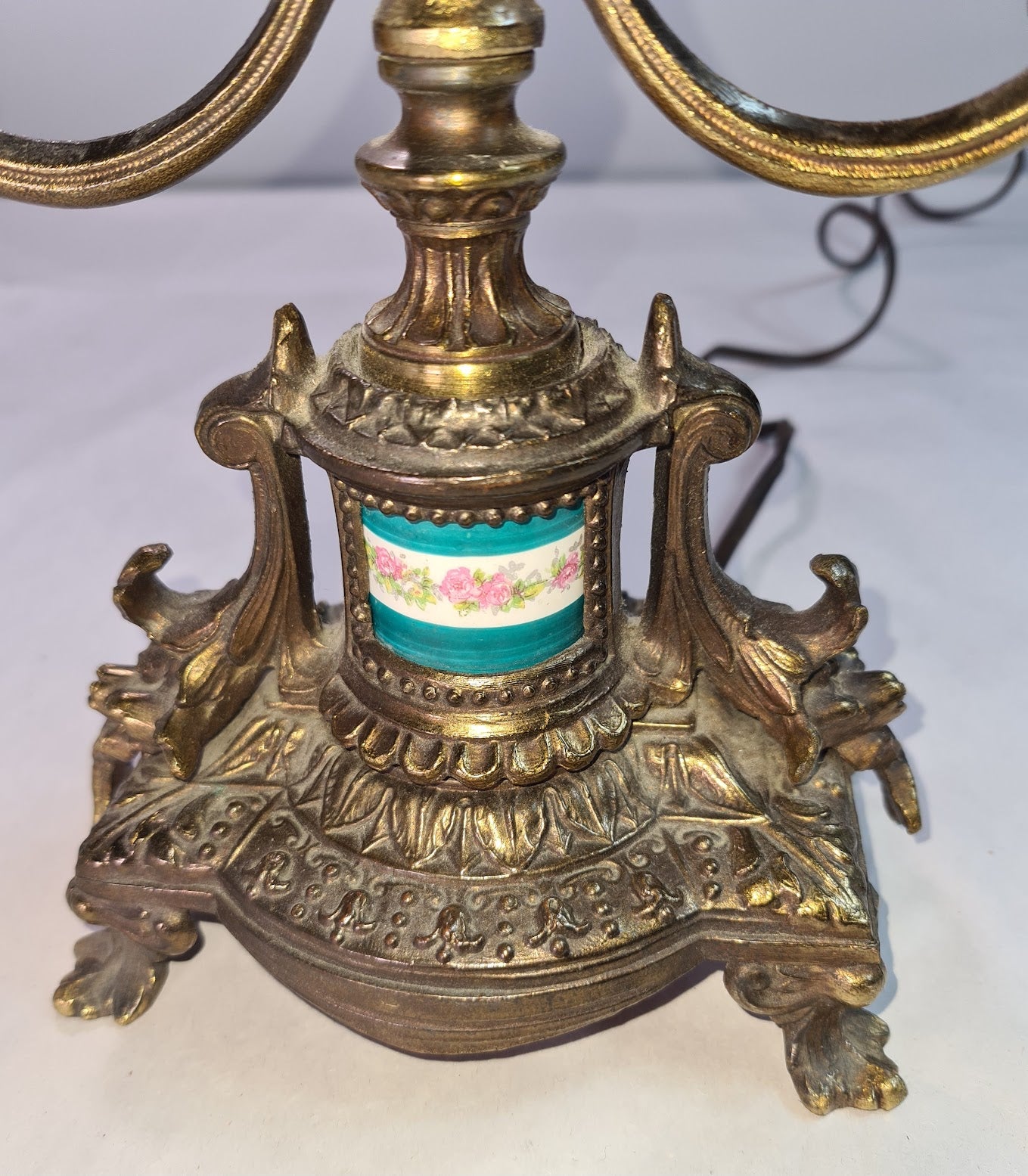 Antique Beautifully Ornate Brass Candelabra Lamp with hand painted porcelain detail.