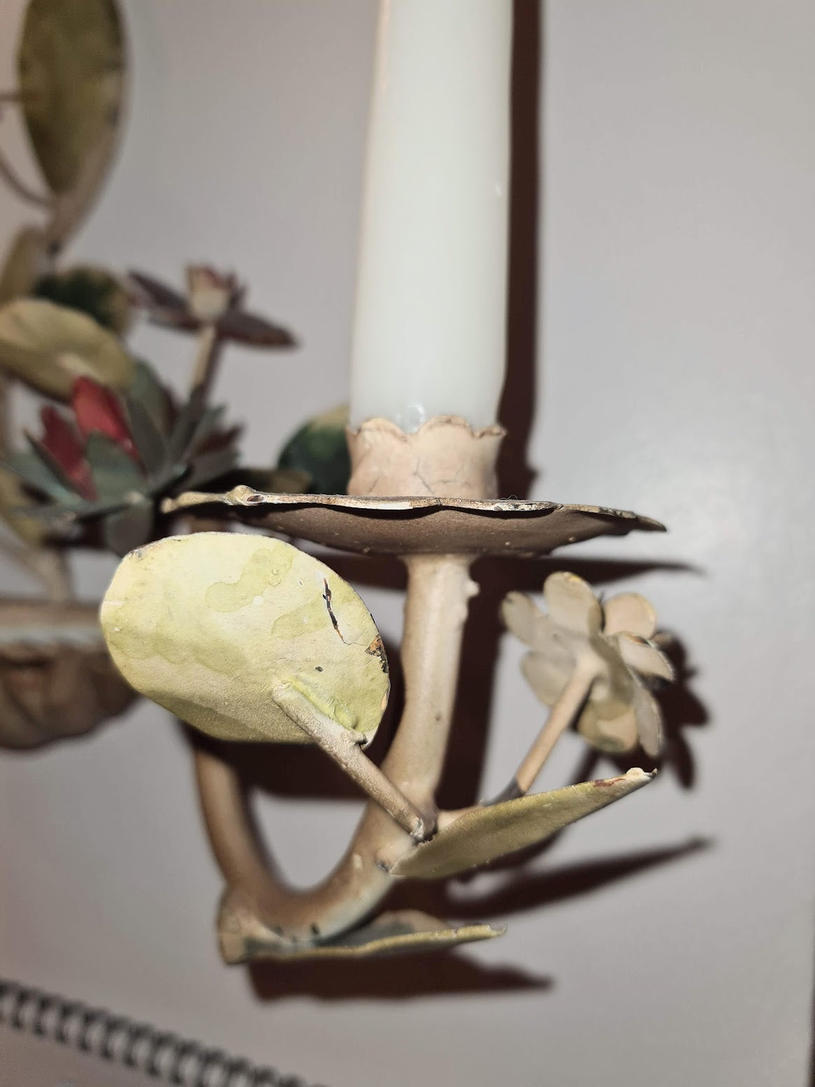 Vintage Italian Tole Painted Flower 3 Candle Wall Sconces