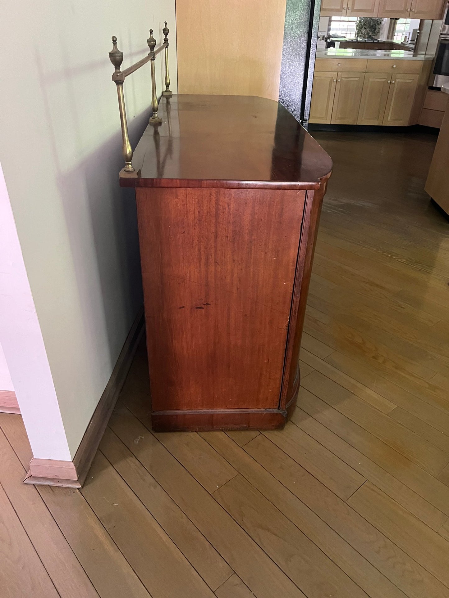 Vintage Mahogany Sideboard with high brass gallery rail and recessed center cabinet