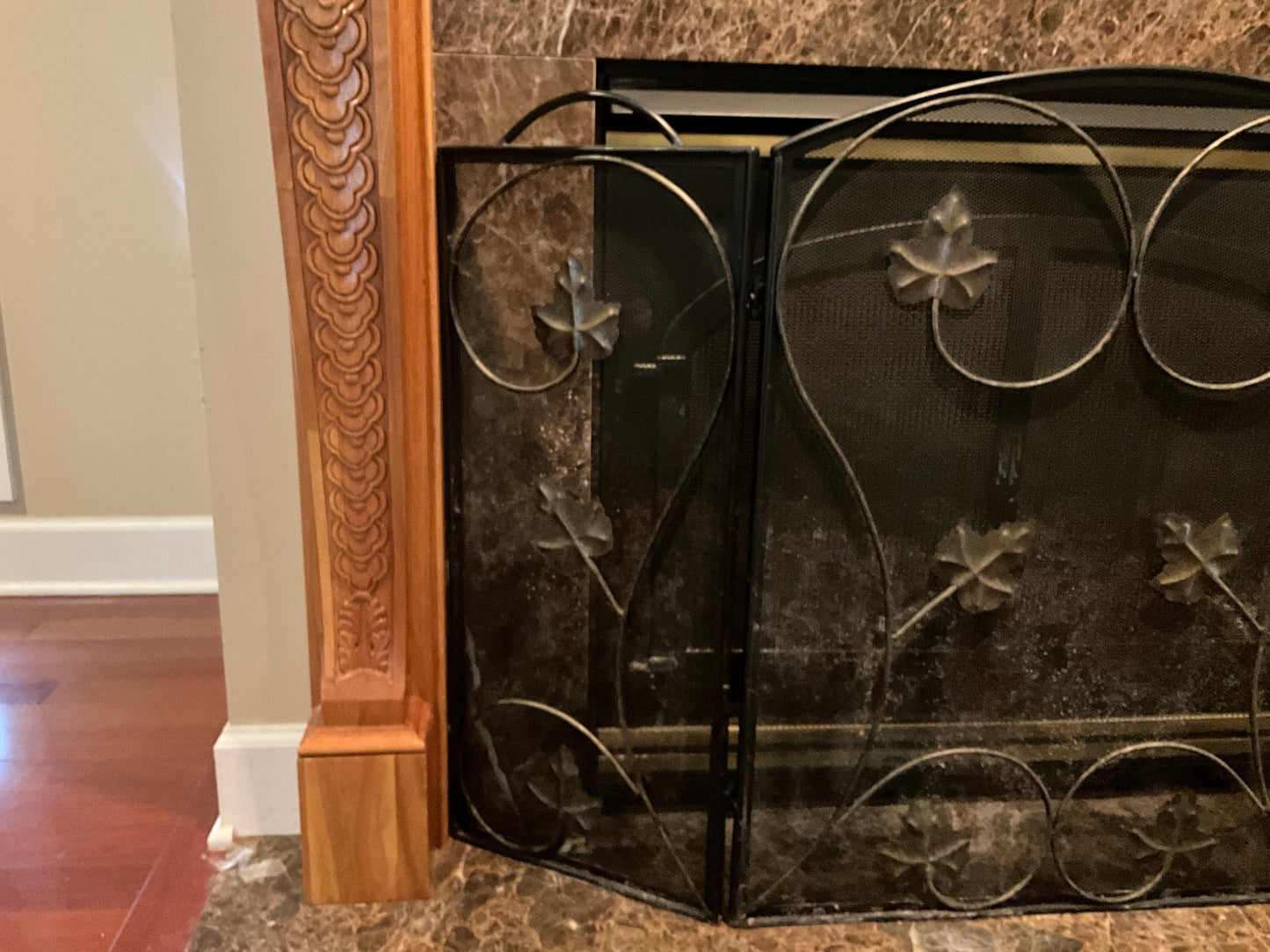 Beautiful Fireplace Screen, Black with Brass Flower Decorations 49"x33"