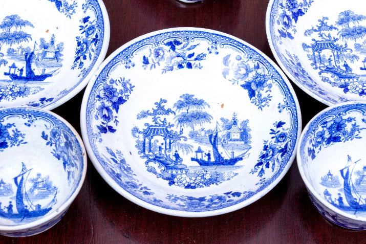 Beautiful Antique Twelve Piece English Continental Blue And White China Tea Service
