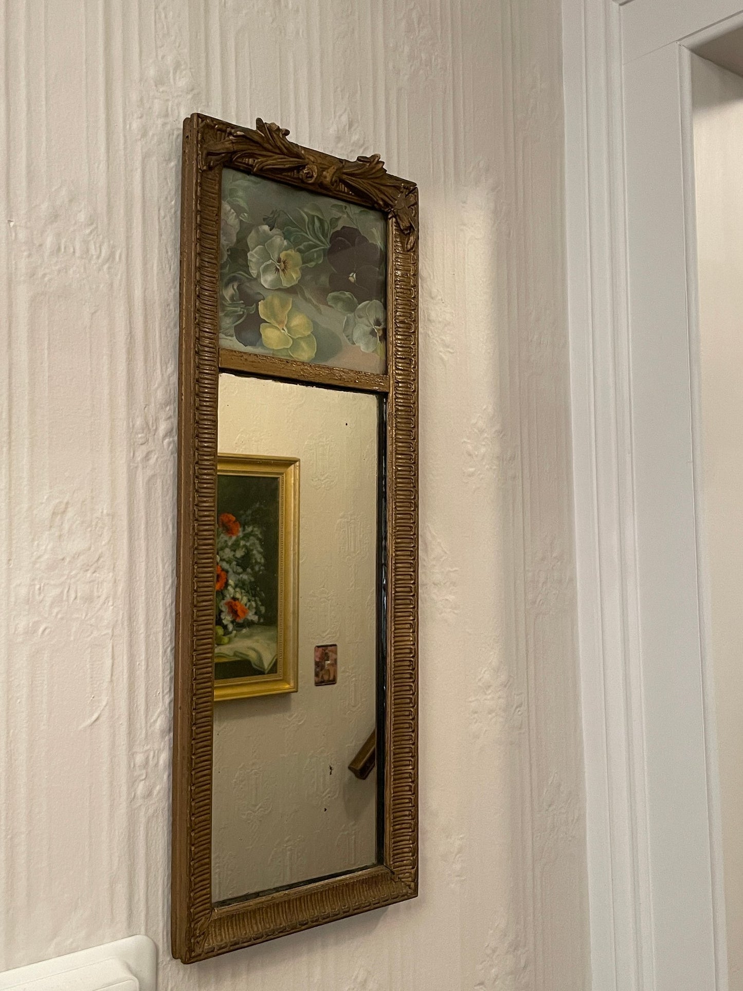 Antique Decorative Mirror With Hand Painted Top Panel.