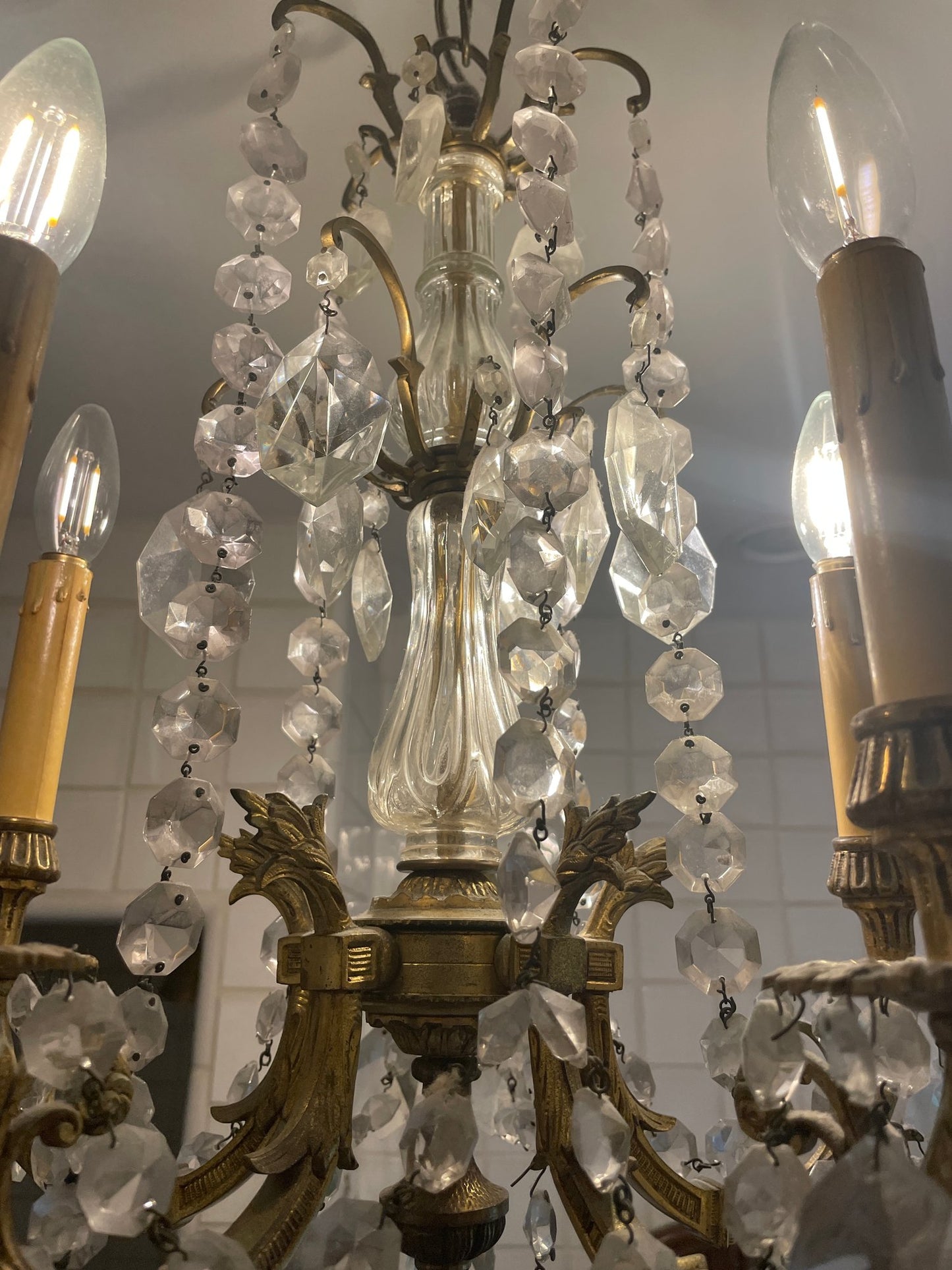 Antique Four Arms, Guilted Brass And Crystals French Style Chandelier