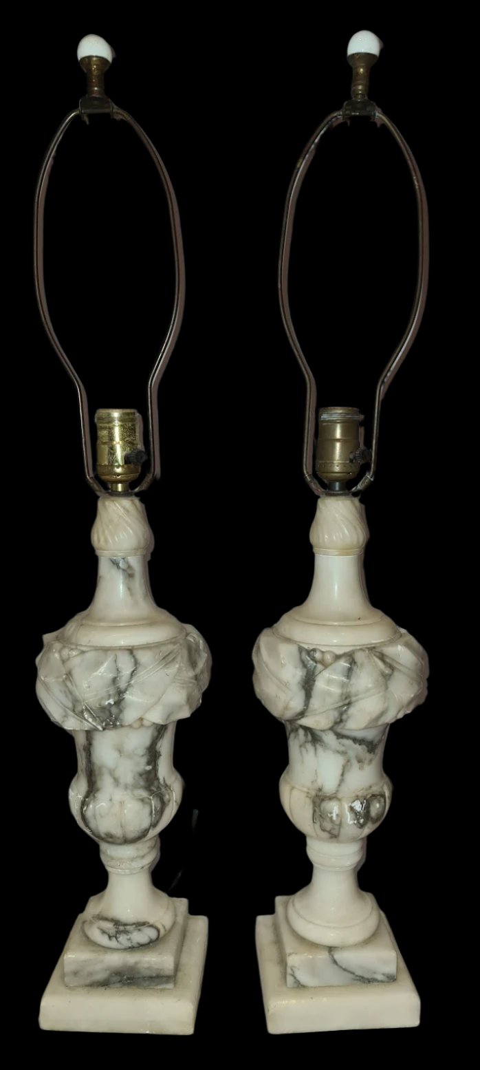 Pair of Antique Italian Neoclassical Carrara Alabaster Marble Lamp