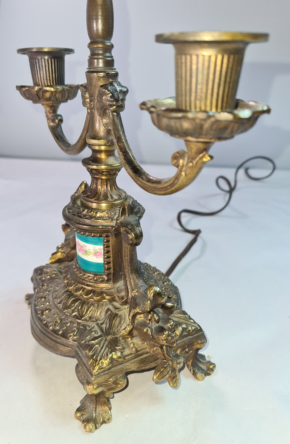 Antique Beautifully Ornate Brass Candelabra Lamp with hand painted porcelain detail.