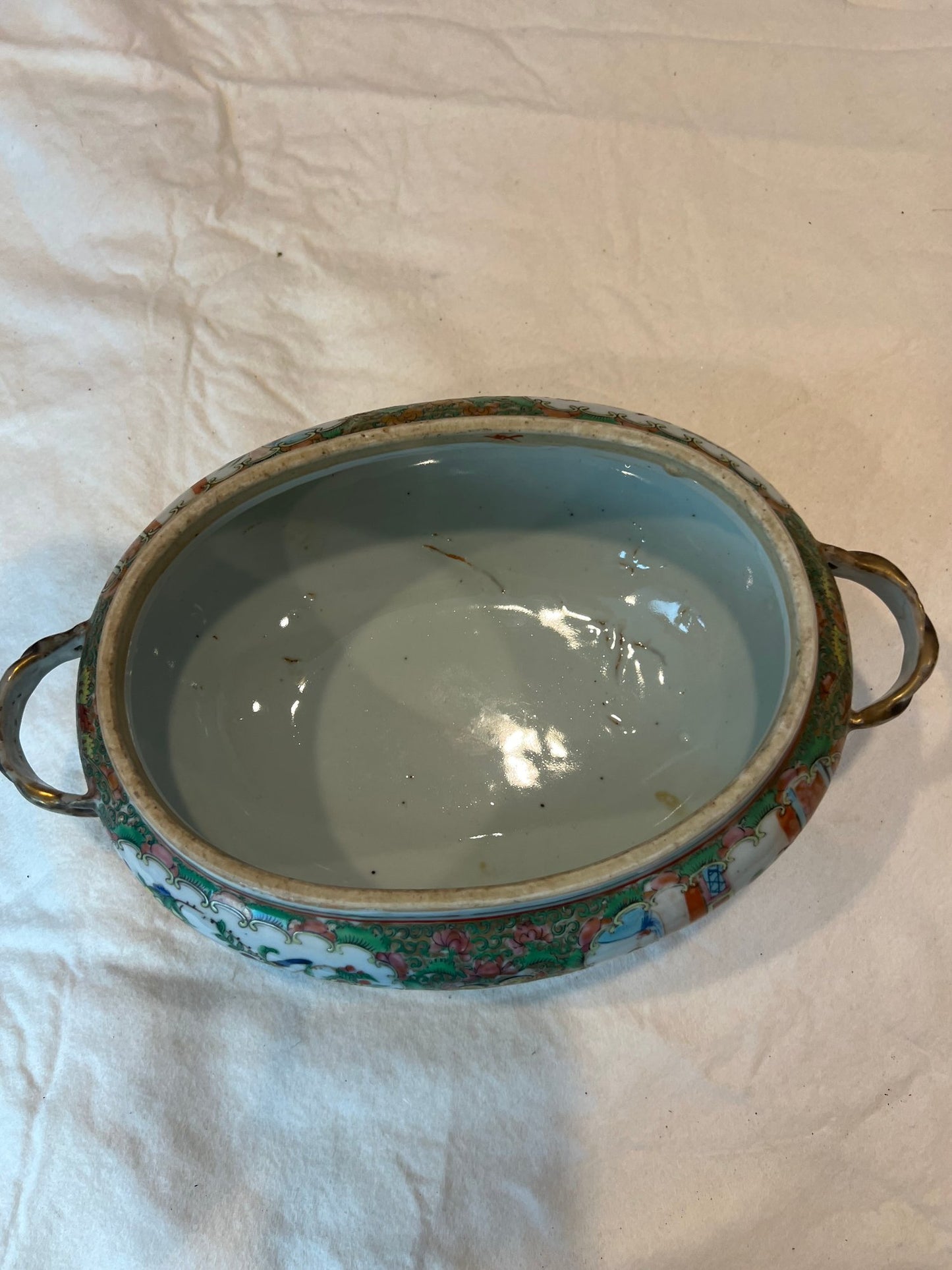 Antique Rare Rose Medallion Covered Tureen - Mushroom Top Finial & Woven Handles - Gilt Detailing