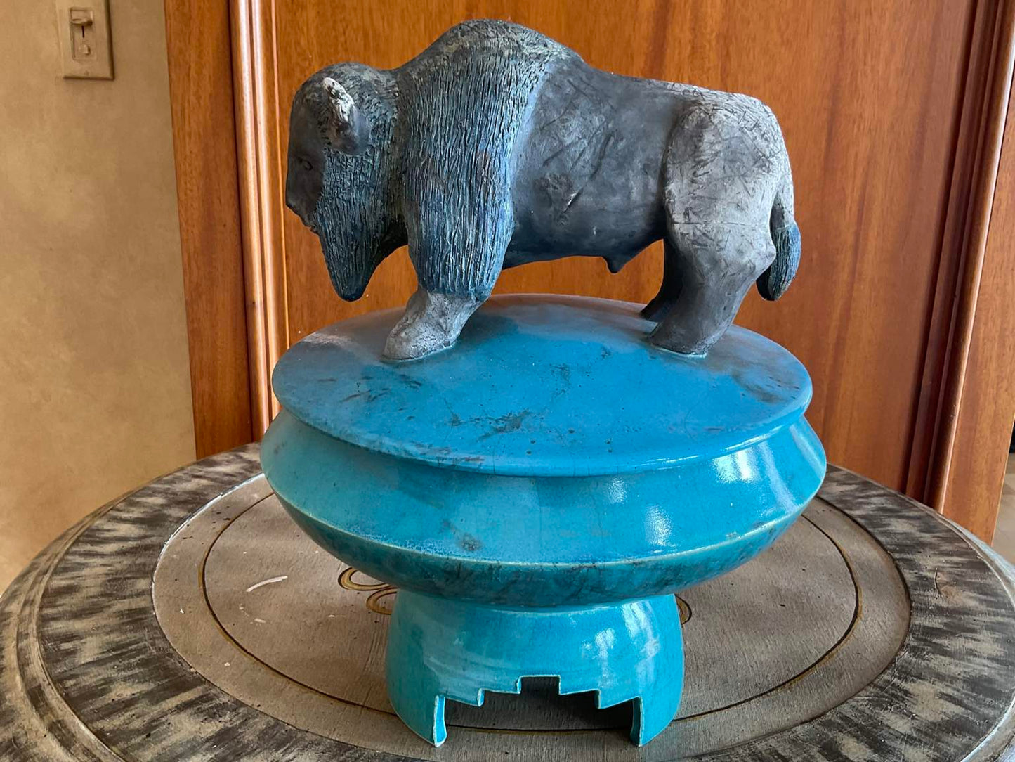 Ceramic Bison Bowl with Lid on Stand, Signed