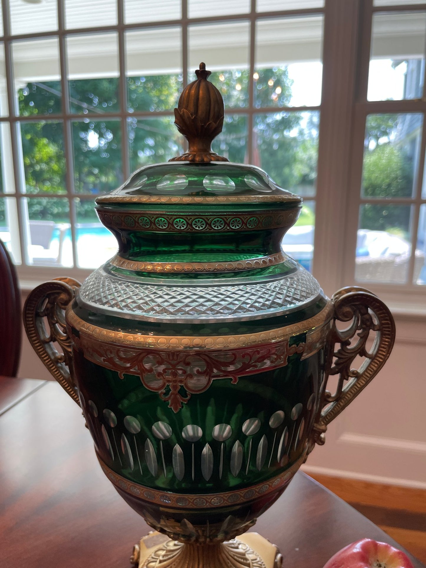 Antique Bohemian Cut Green Glass Covered Urn with Gilted Brass Handles and Stand