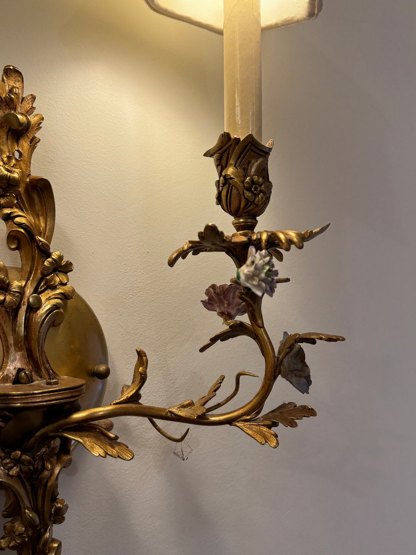 Spectacular French Style Two Light Brass And Porcelain Wall Sconce