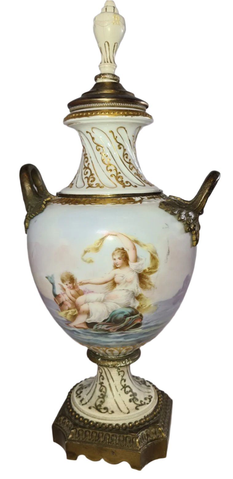 Antique Porcelain Urn with Lid, Brass Stand and Handles