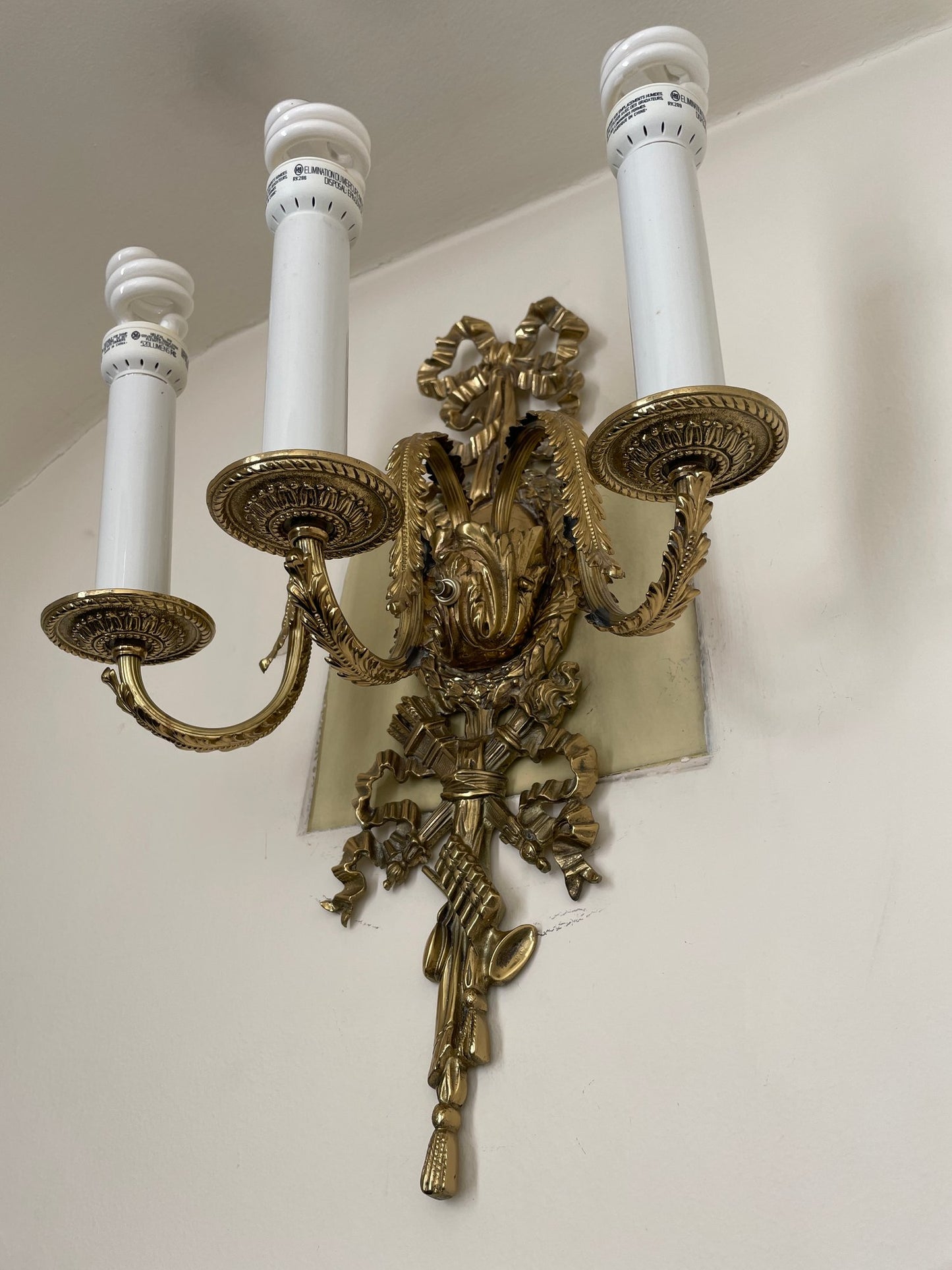French Style, Vintage Brass Three Lights Sconce