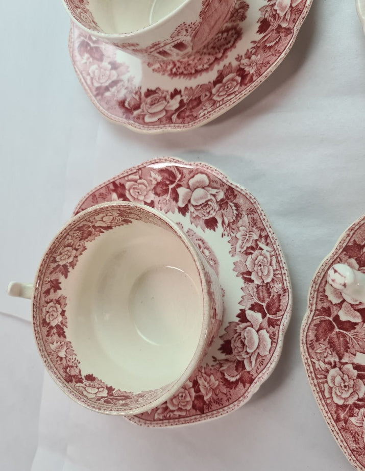 Assortment of Beautiful English Transferware Cups, Saucers, Creamer and a Tray