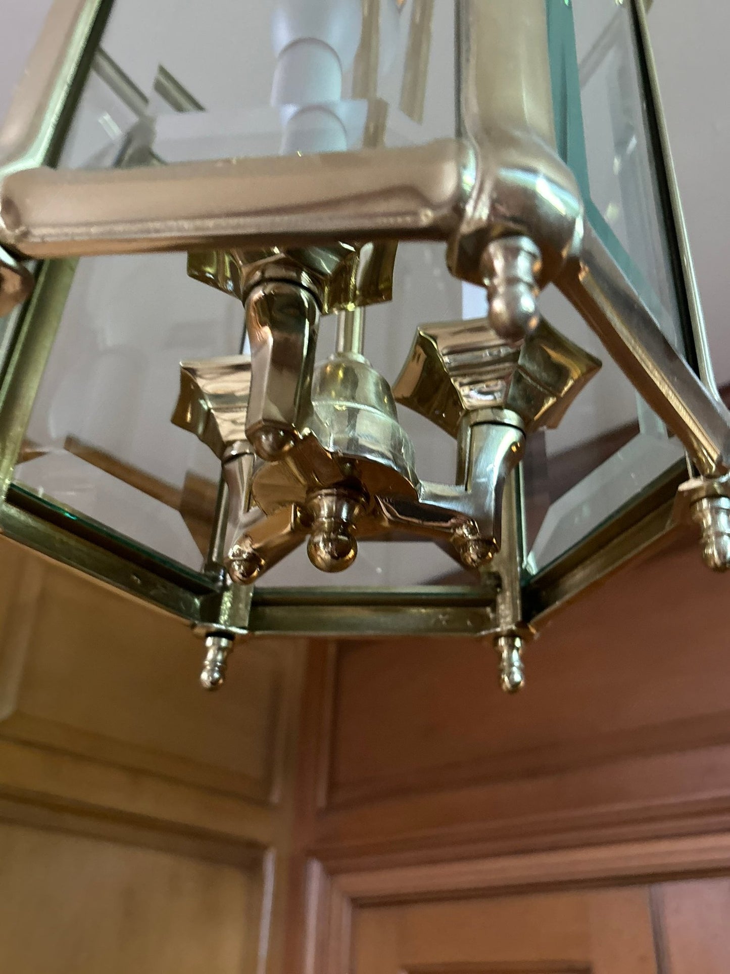 Antique Brass Hexagon Beveled Glass Hall Lantern, Late 1800 - Early 1900