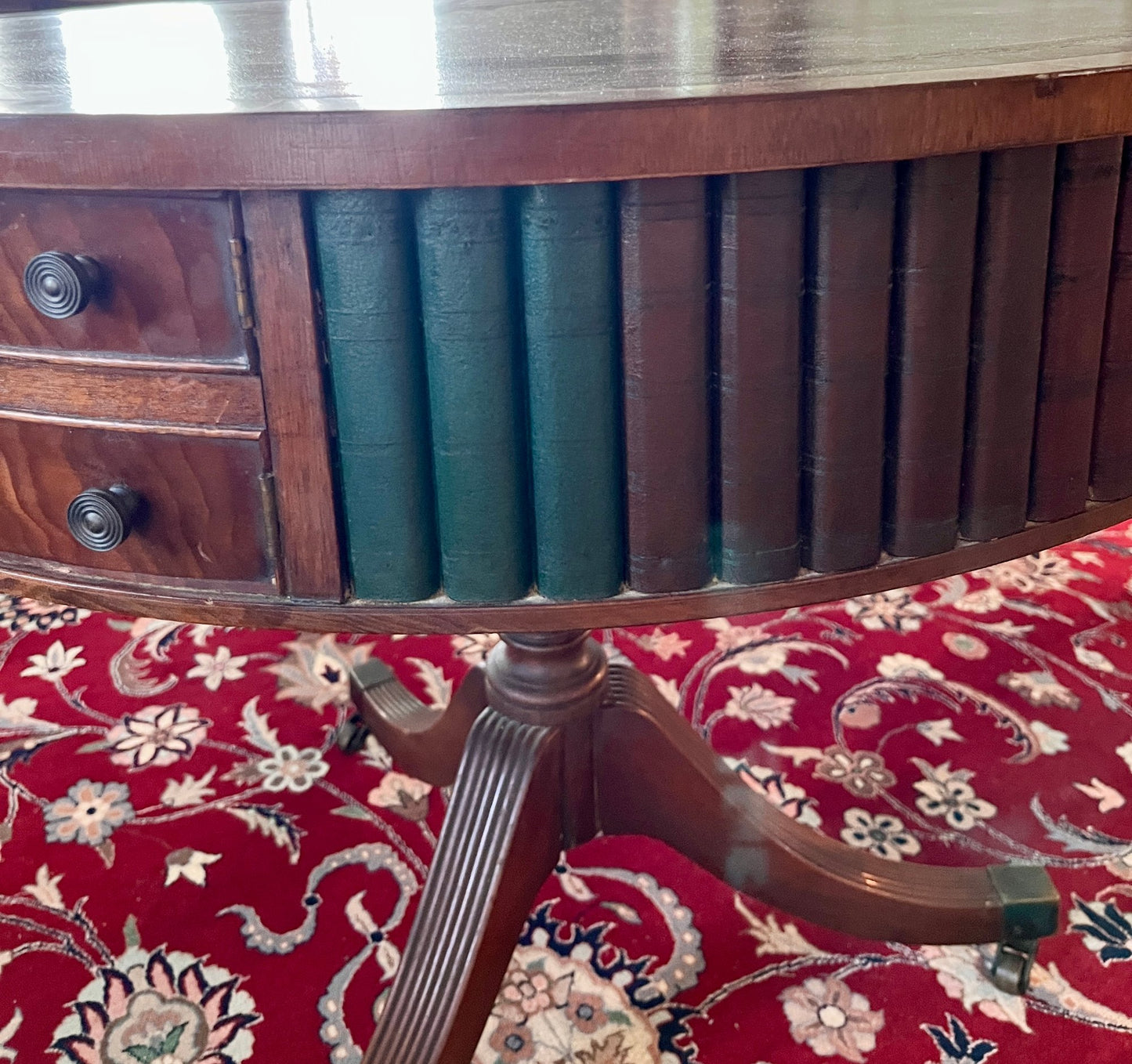 Sheraton Style Revolving Leather Topped Drum Table With Faux Books & Brass Casters