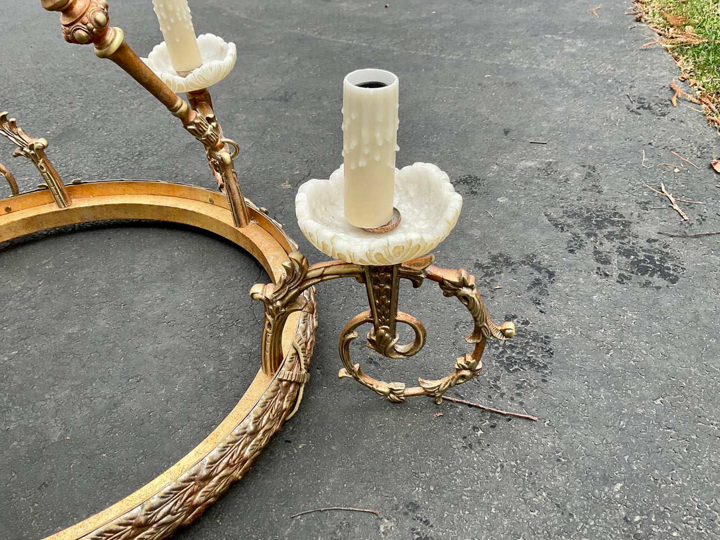 Spectacular Vintage 6 Arm Gilded Metal & Alabaster Chandelier
