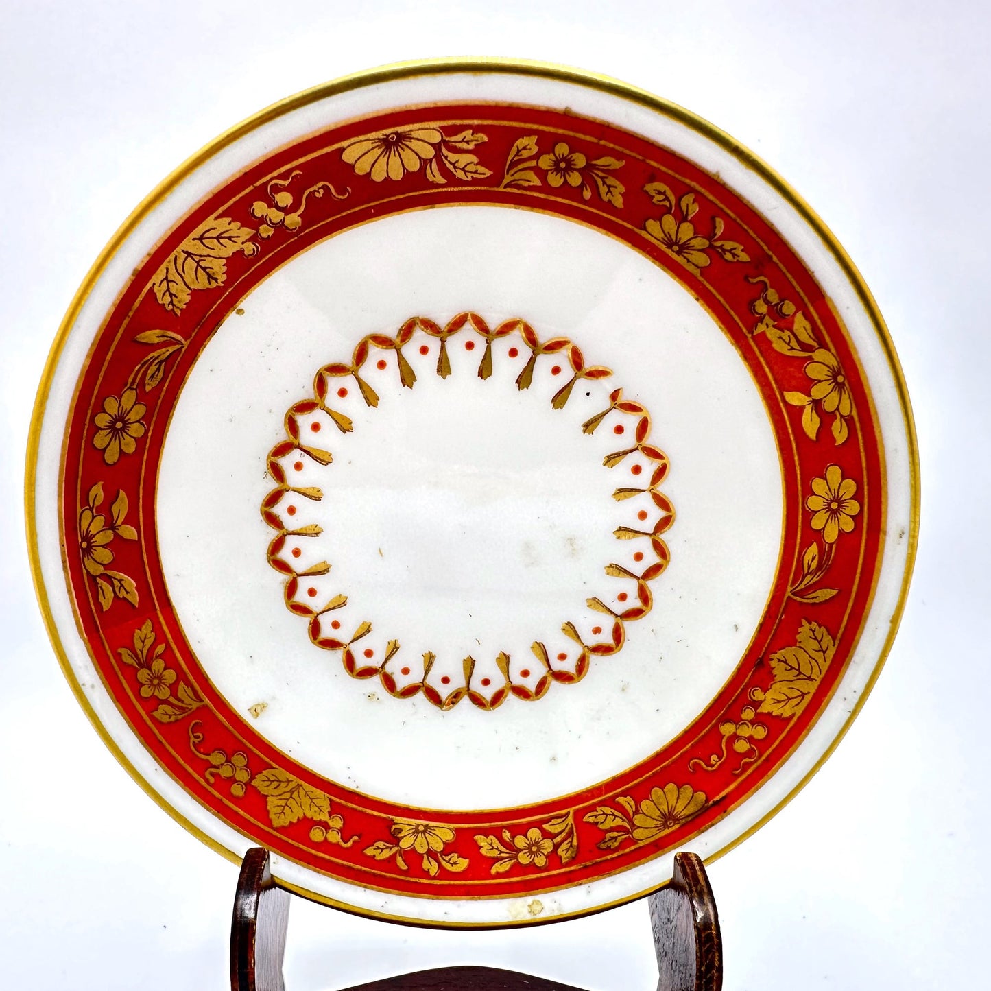 Antique Richard Ginori Italian Tea Cup & Saucer With Gold Accents On Wood Stand