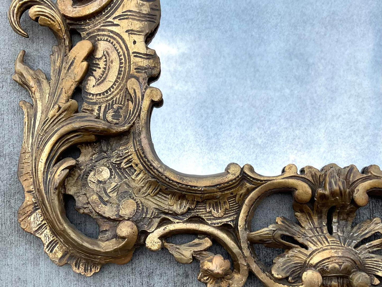 Antique Large Carved Gilt Wood Rococo Mirror with Clamshell Crest