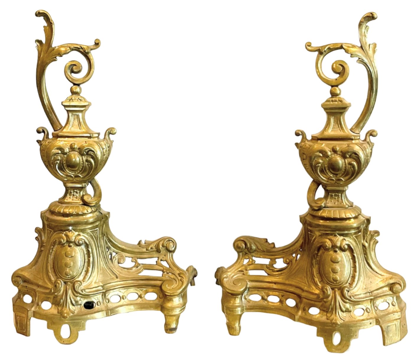Brass Fireplace Andirons With French Ewer Style Finial Design