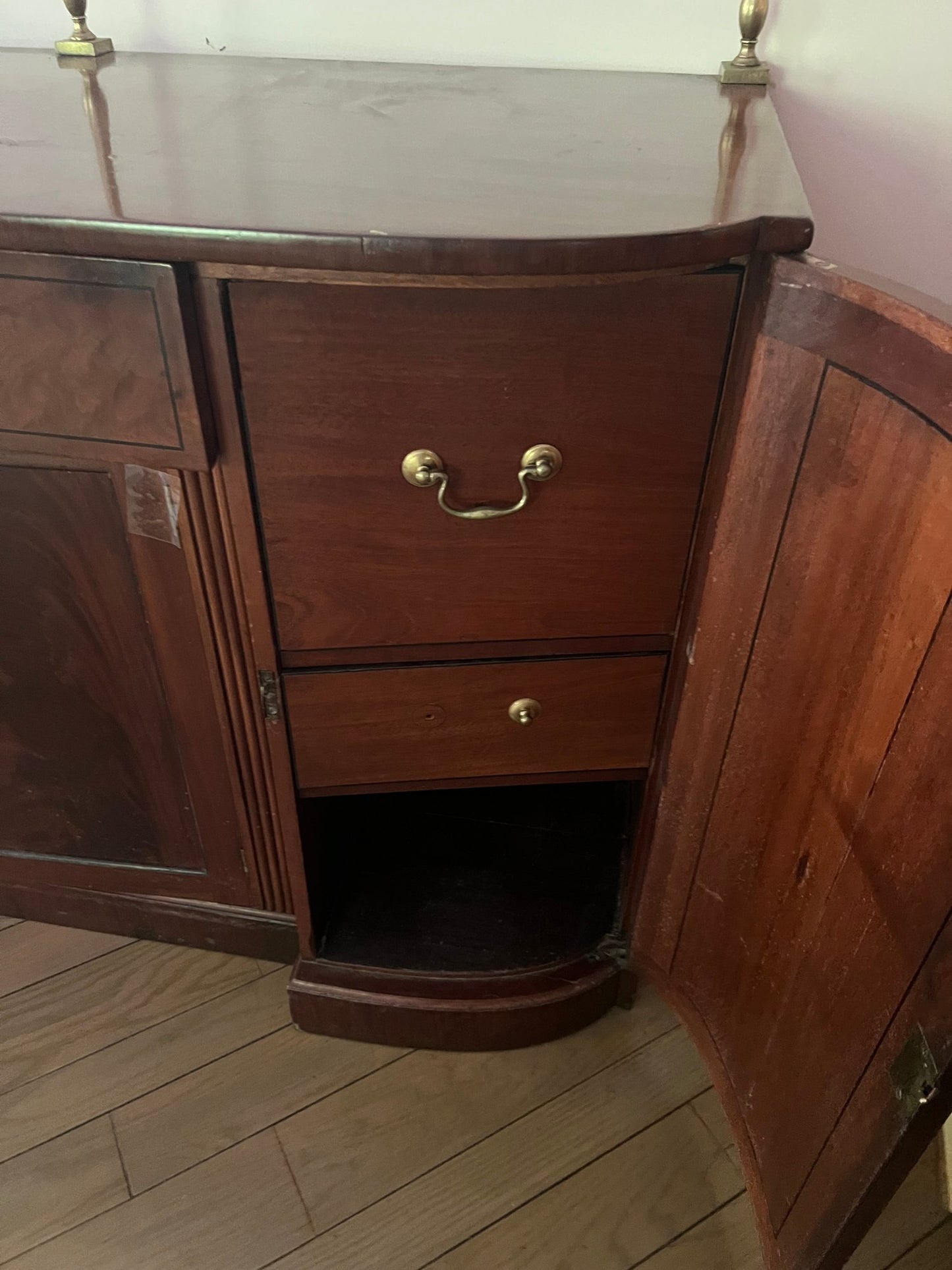 Vintage Mahogany Sideboard with high brass gallery rail and recessed center cabinet