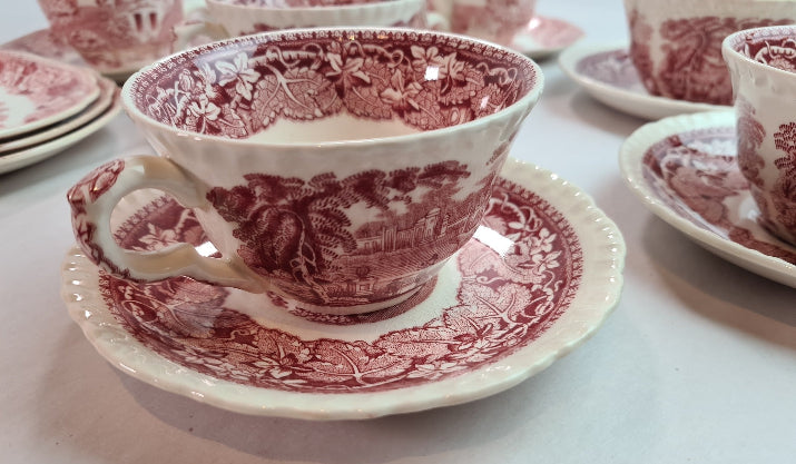 Assortment of Beautiful English Transferware Cups, Saucers, Creamer and a Tray