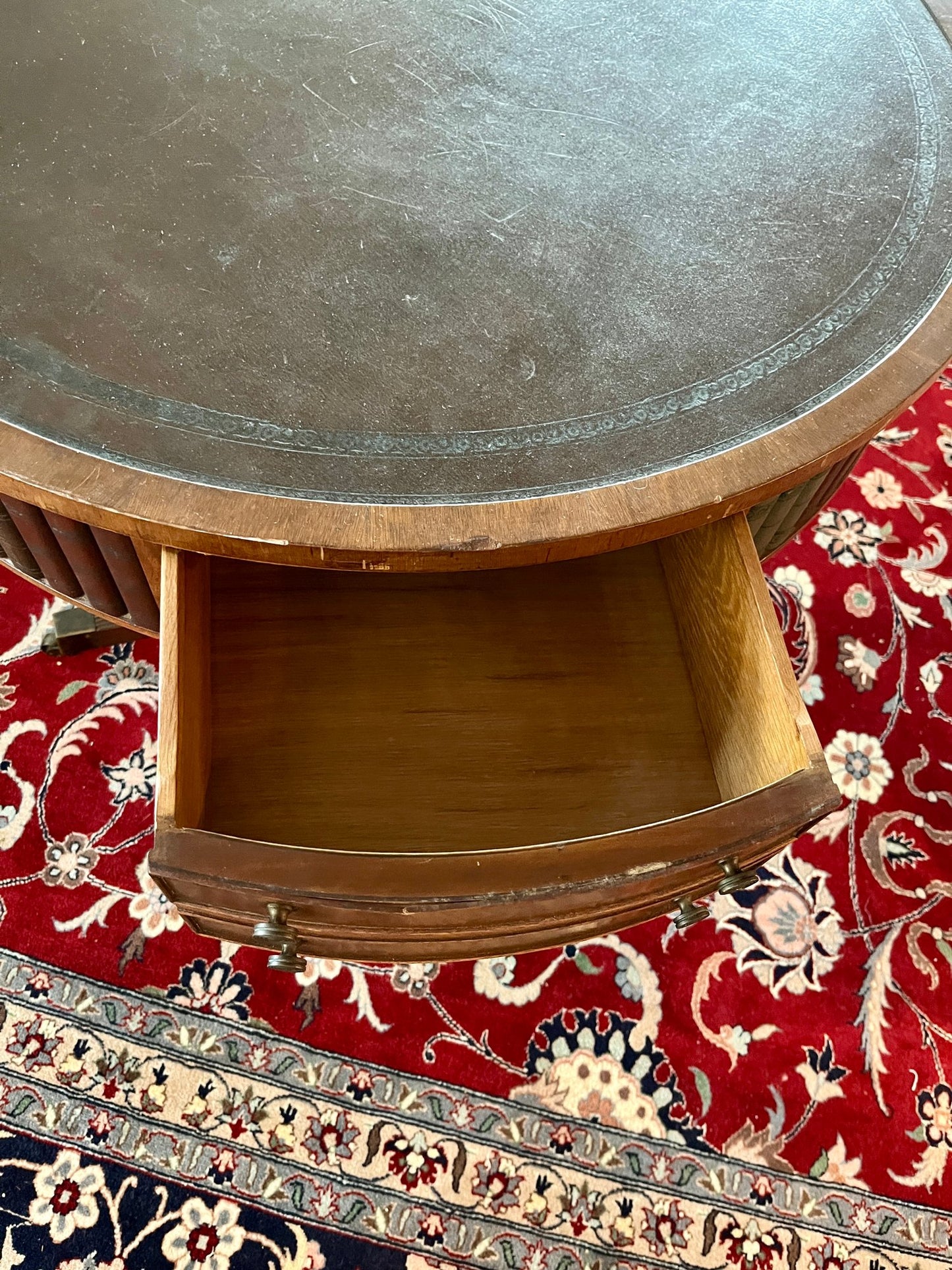 Sheraton Style Revolving Leather Topped Drum Table With Faux Books & Brass Casters