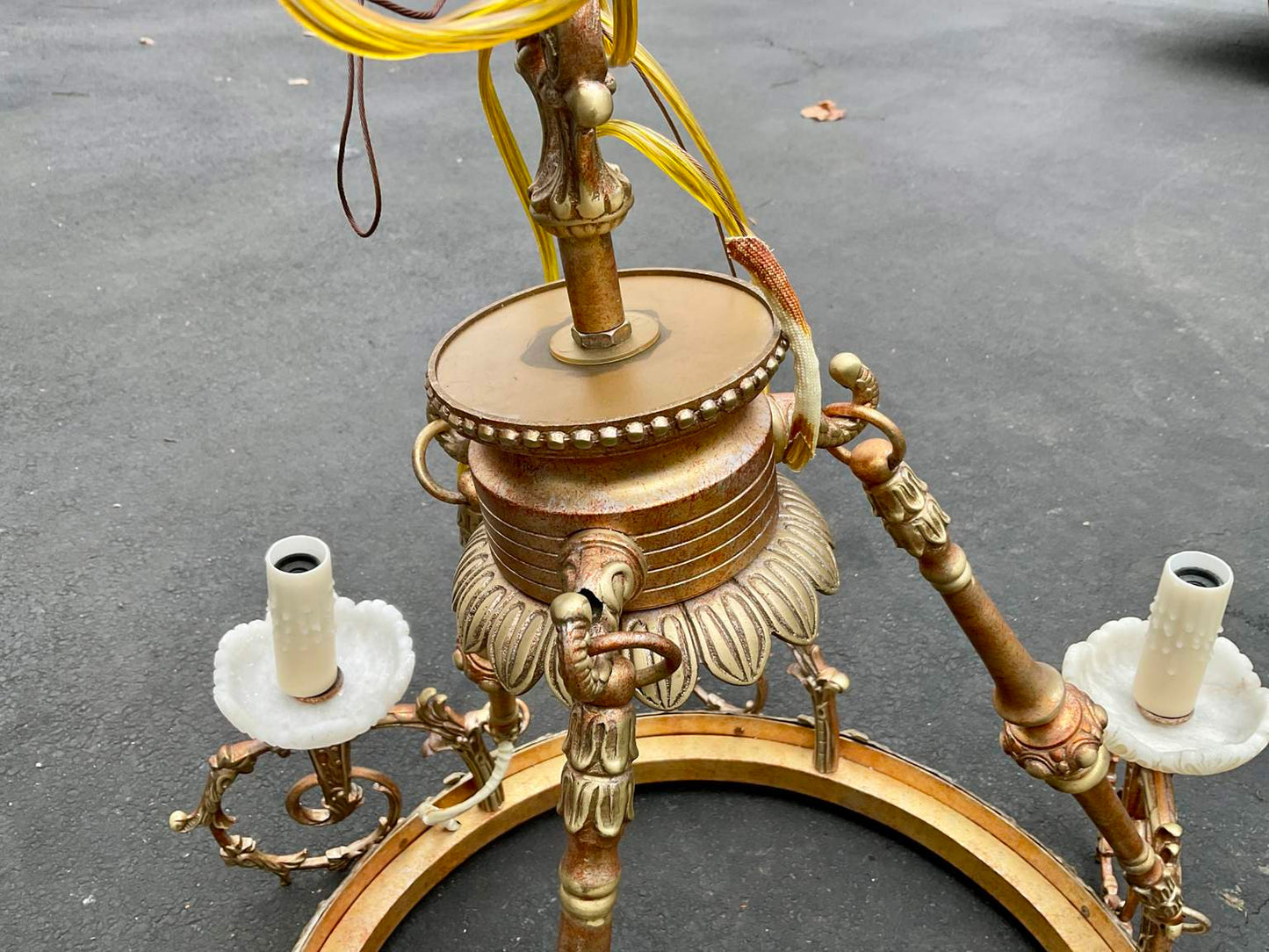 Spectacular Vintage 6 Arm Gilded Metal & Alabaster Chandelier