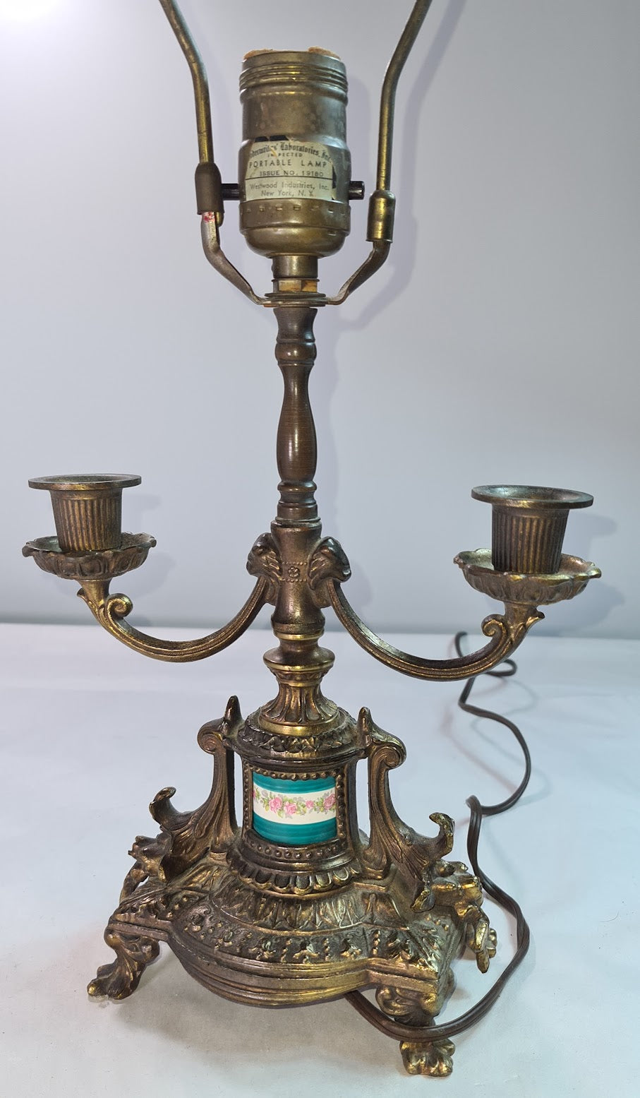 Antique Beautifully Ornate Brass Candelabra Lamp with hand painted porcelain detail.