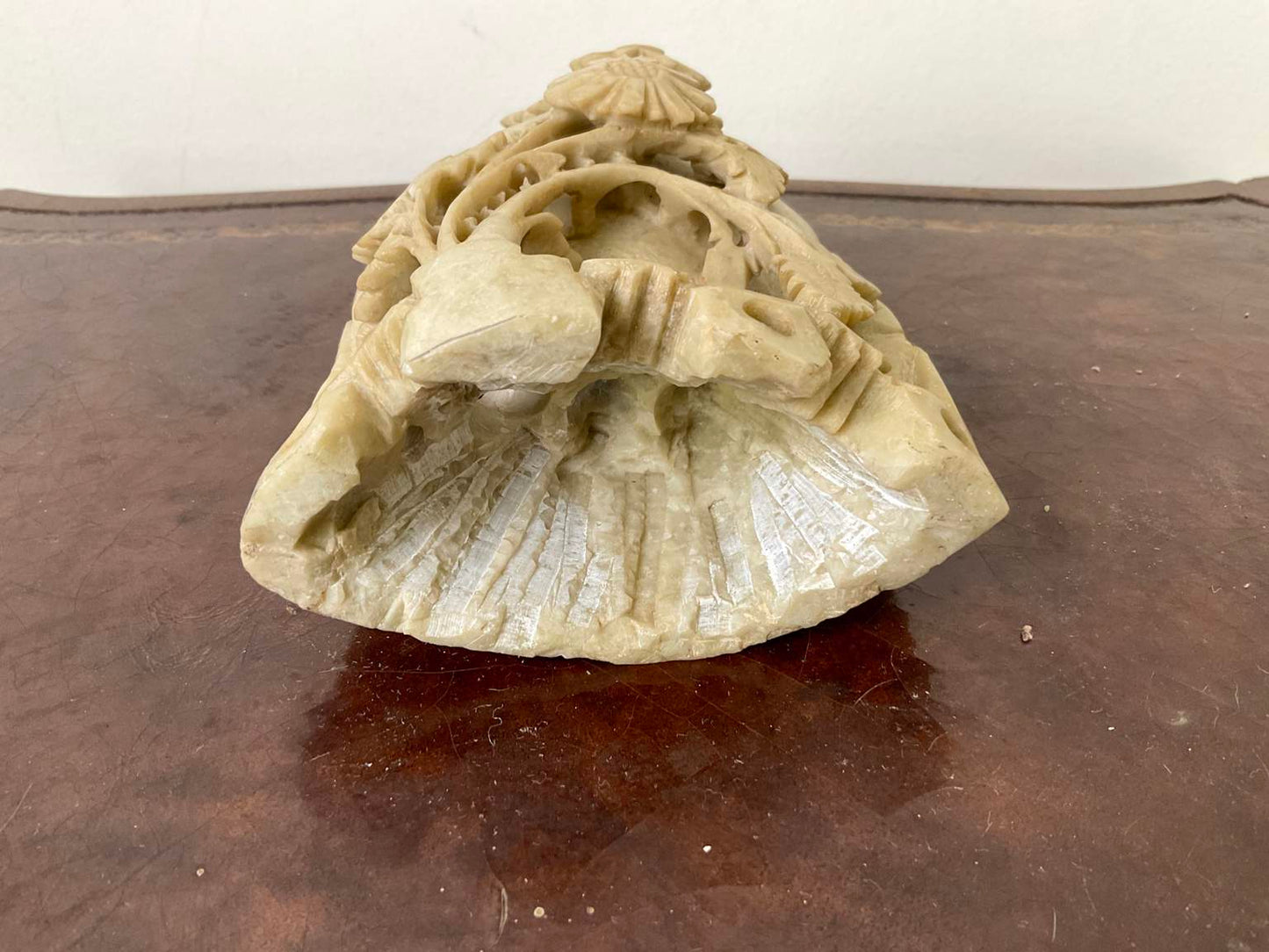 Vintage Hand Carved Soap stone vase with floral detail.