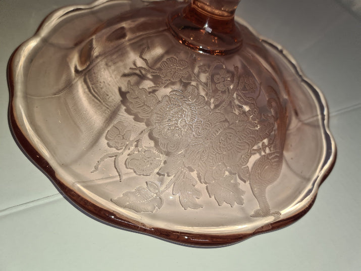 Vintage PADEN CITY Peacock and Wild Rose CHERIGLO Pink Compote with Pedestal, Depression Glass