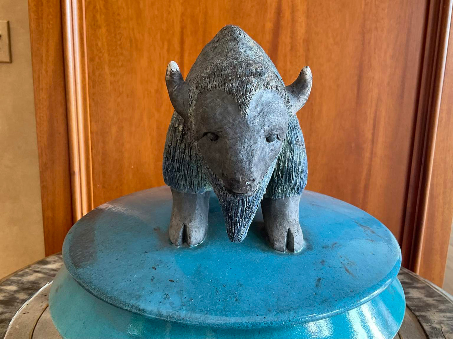 Ceramic Bison Bowl with Lid on Stand, Signed