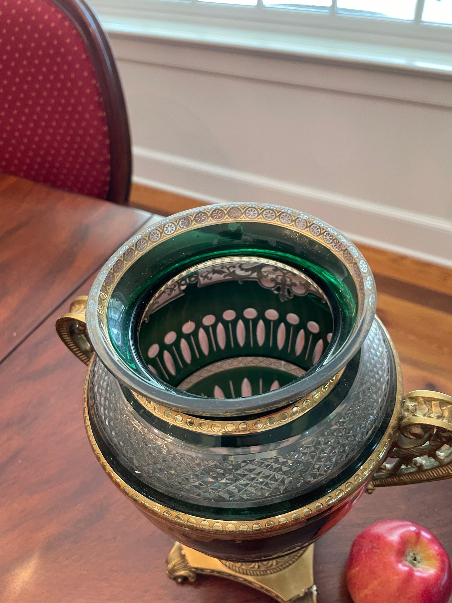 Antique Bohemian Cut Green Glass Covered Urn with Gilted Brass Handles and Stand