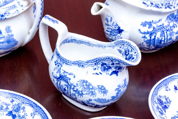 Beautiful Antique Twelve Piece English Continental Blue And White China Tea Service
