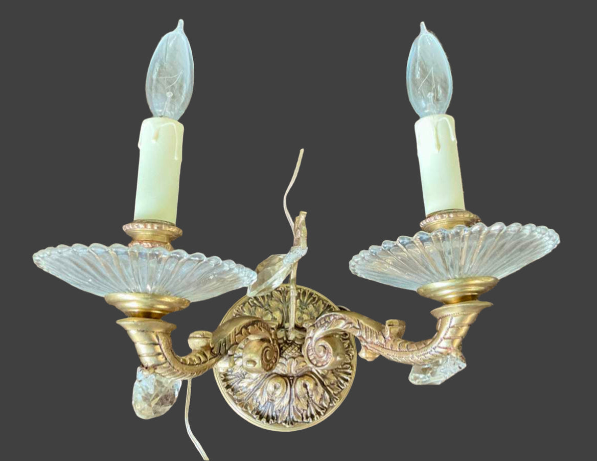 Beautiful Pair of Vintage Portuguese Brass and Crystal Wall Sconces
