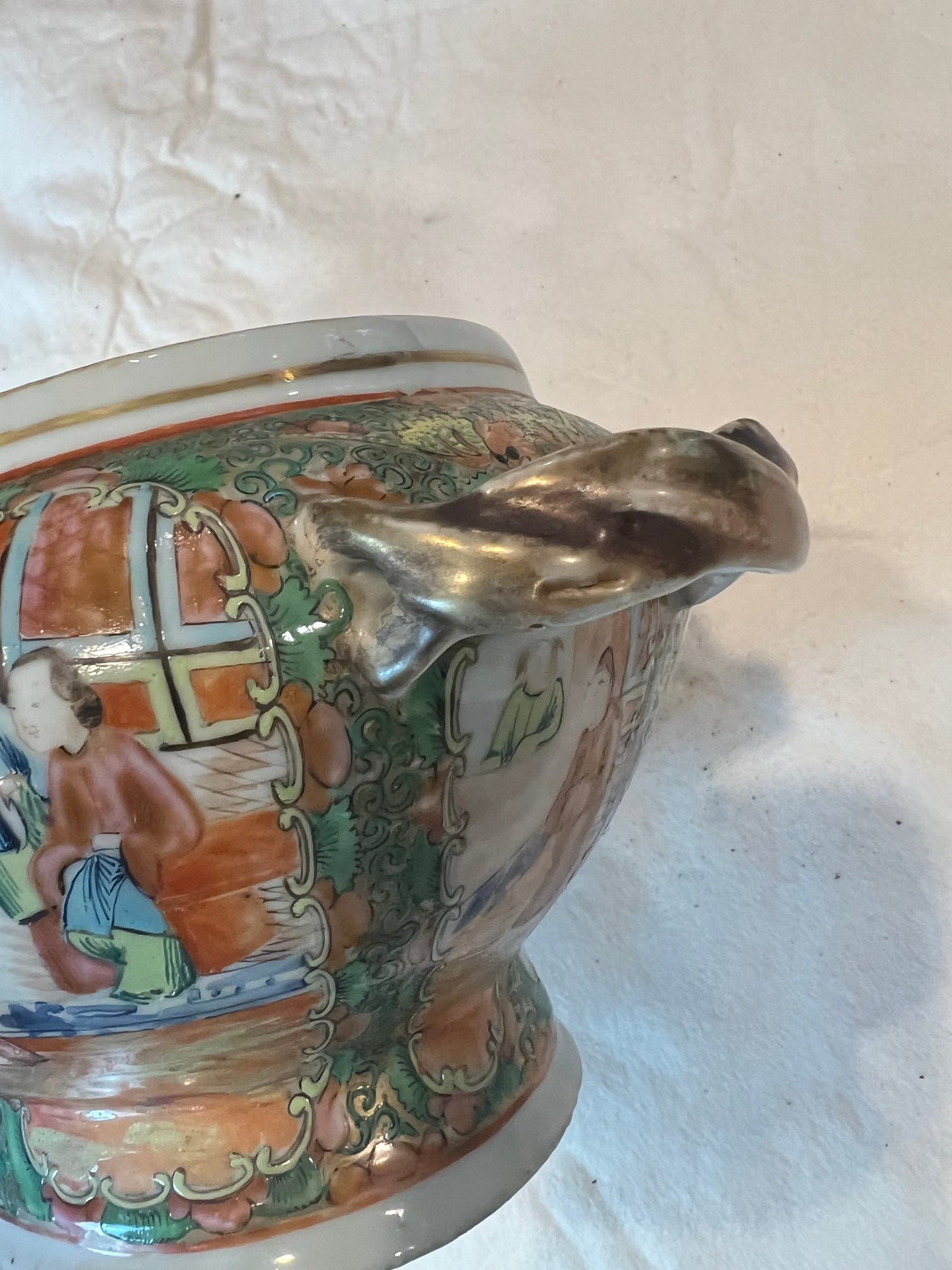 Antique Rare Rose Medallion Covered Tureen - Mushroom Top Finial & Woven Handles - Gilt Detailing