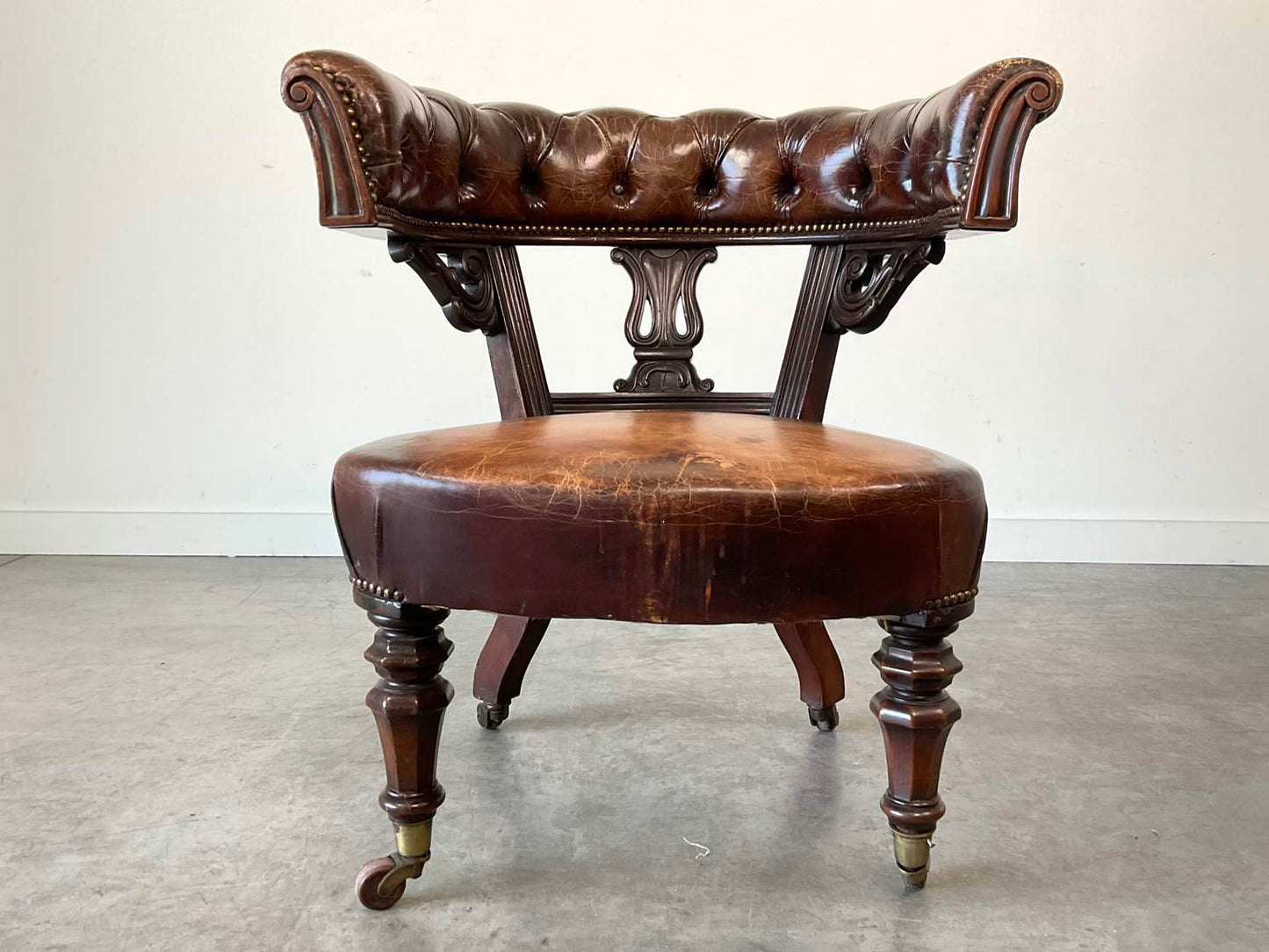 Antique Victorian Leather & Mahogany Library Chair