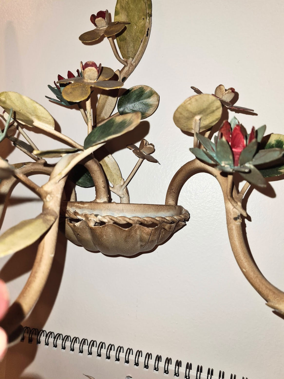 Vintage Italian Tole Painted Flower 3 Candle Wall Sconces