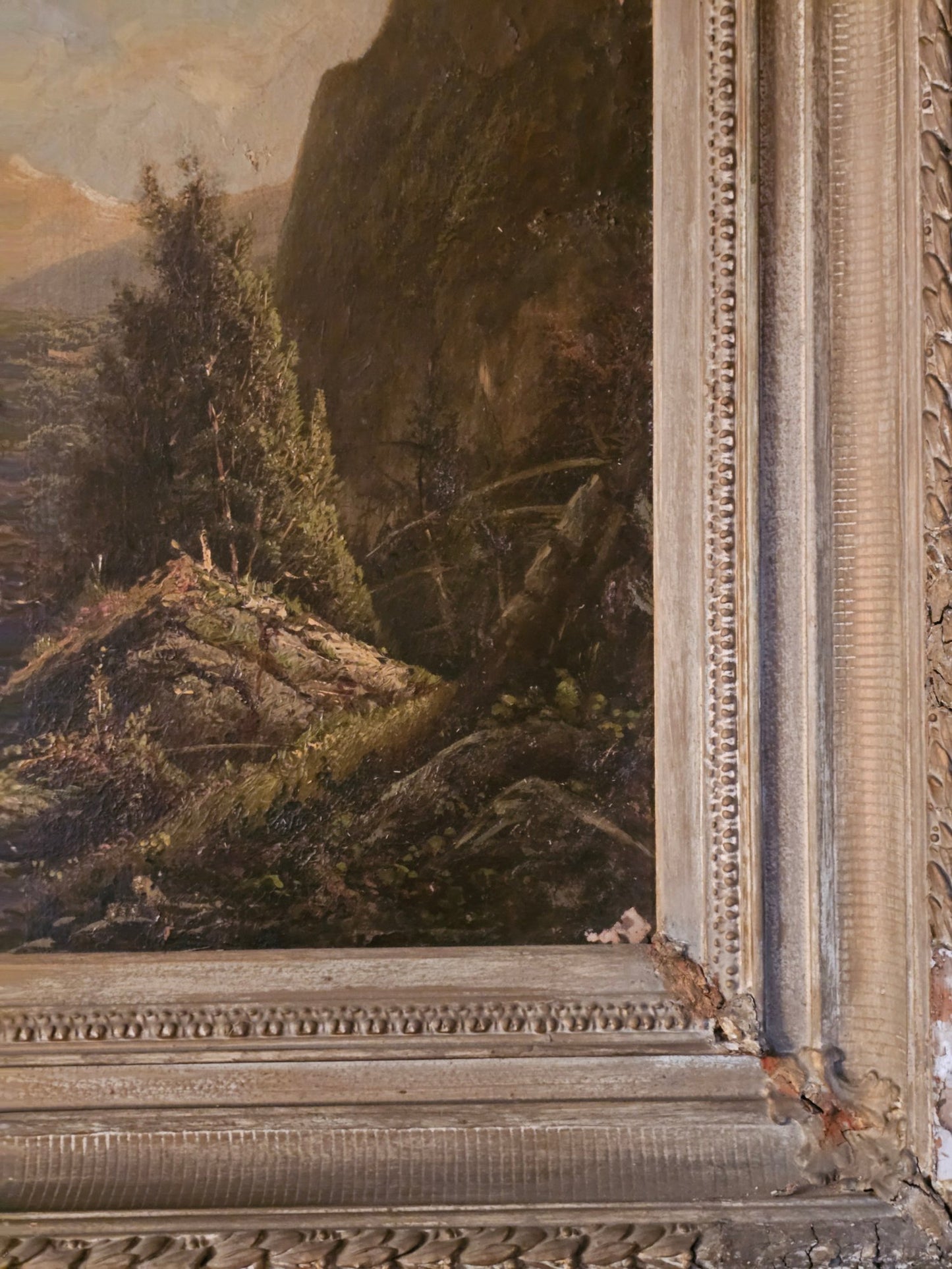 Very Large Antique Mountain Landscape Painting, Oil on Canvas, c. 1900, Antique Frame