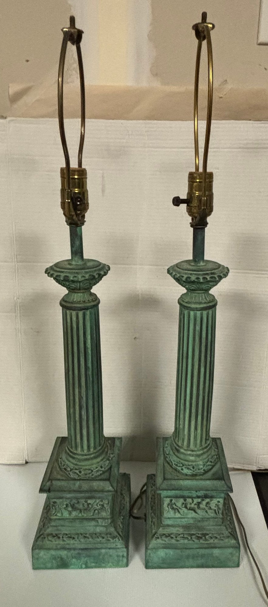 Vintage Pair Of Bronze Tall Table Lamps With Nice Shades
