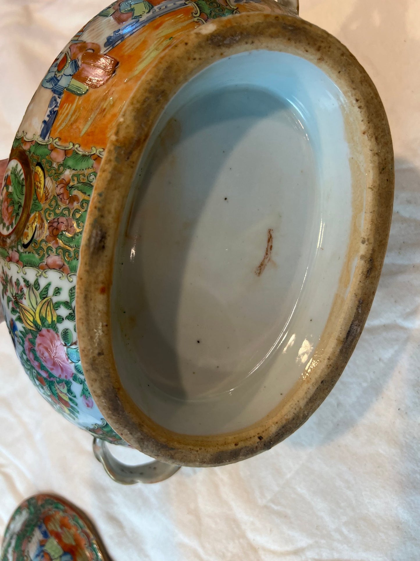 Antique Rare Rose Medallion Covered Tureen - Mushroom Top Finial & Woven Handles - Gilt Detailing